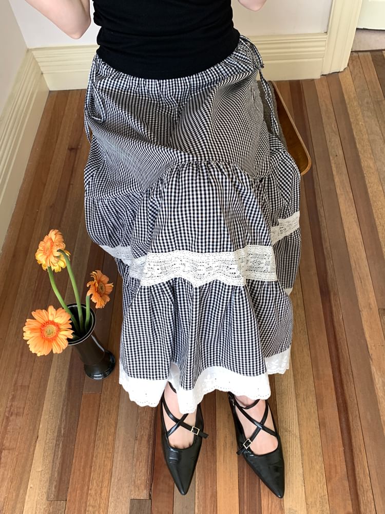 Beem - Hoge taille geruite maxi A-lijn rok