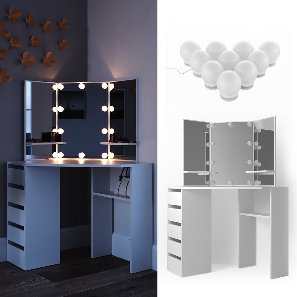 VICCO Eckschminktisch ARIELLE Weiß mit LED - Kosmetiktisch Frisiertisch