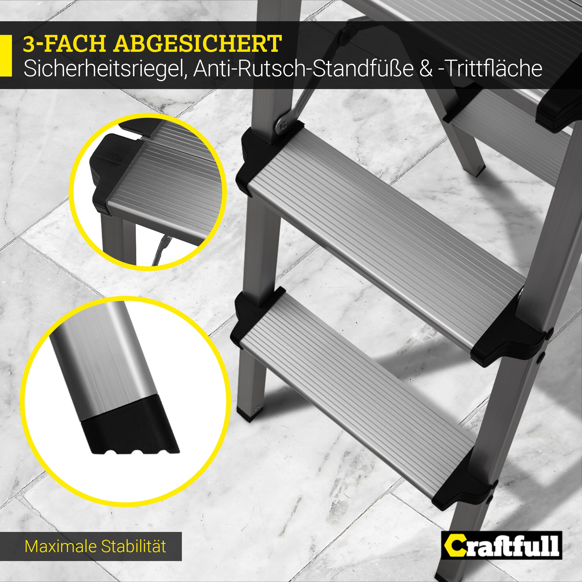 Craftfull Trittleiter CF-131A, 2-5 Stufen, Doppel-Klapptritt aus Aluminium, Anti-Rutsch, klappbar (2 x 2 Stufen)