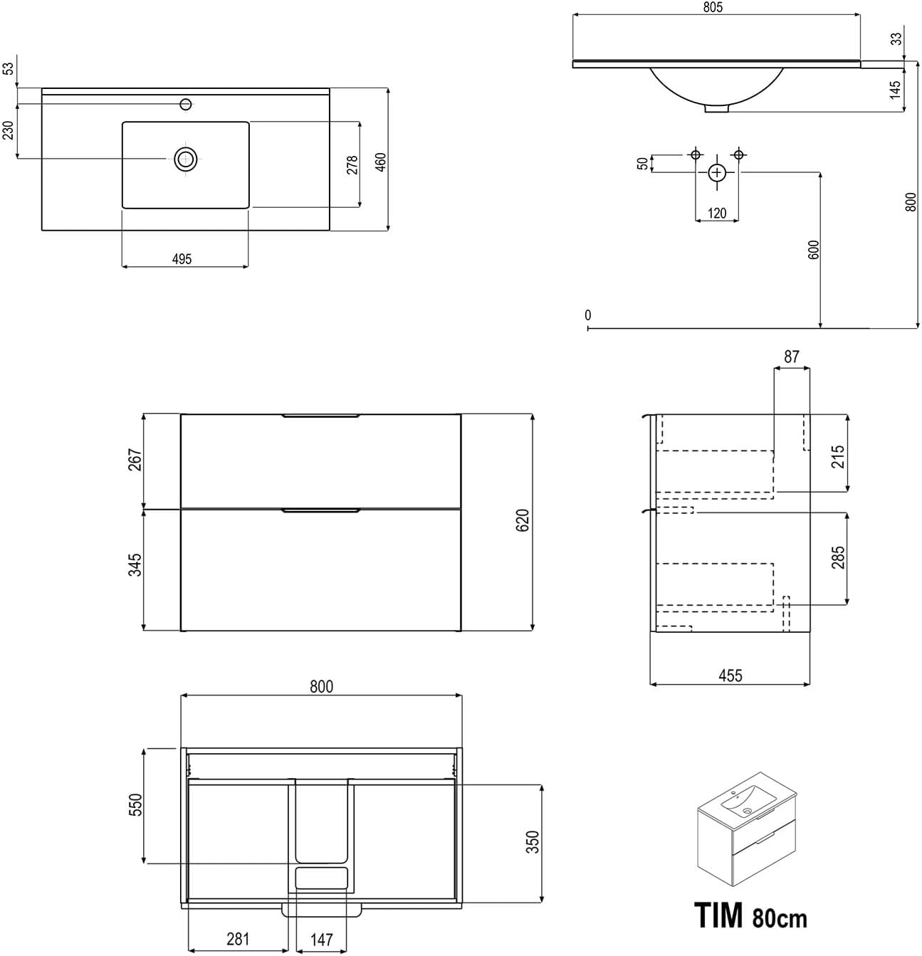 BERNSTEIN Badmöbel-Set Tim 80cm Waschbeckenunterschrank mit Waschtisch, Unterschrank in Anthrazit matt, Griffe in Chrom,Keramik-Waschbecken vormontierter Unterschrank, feuchtigkeitsresistent
