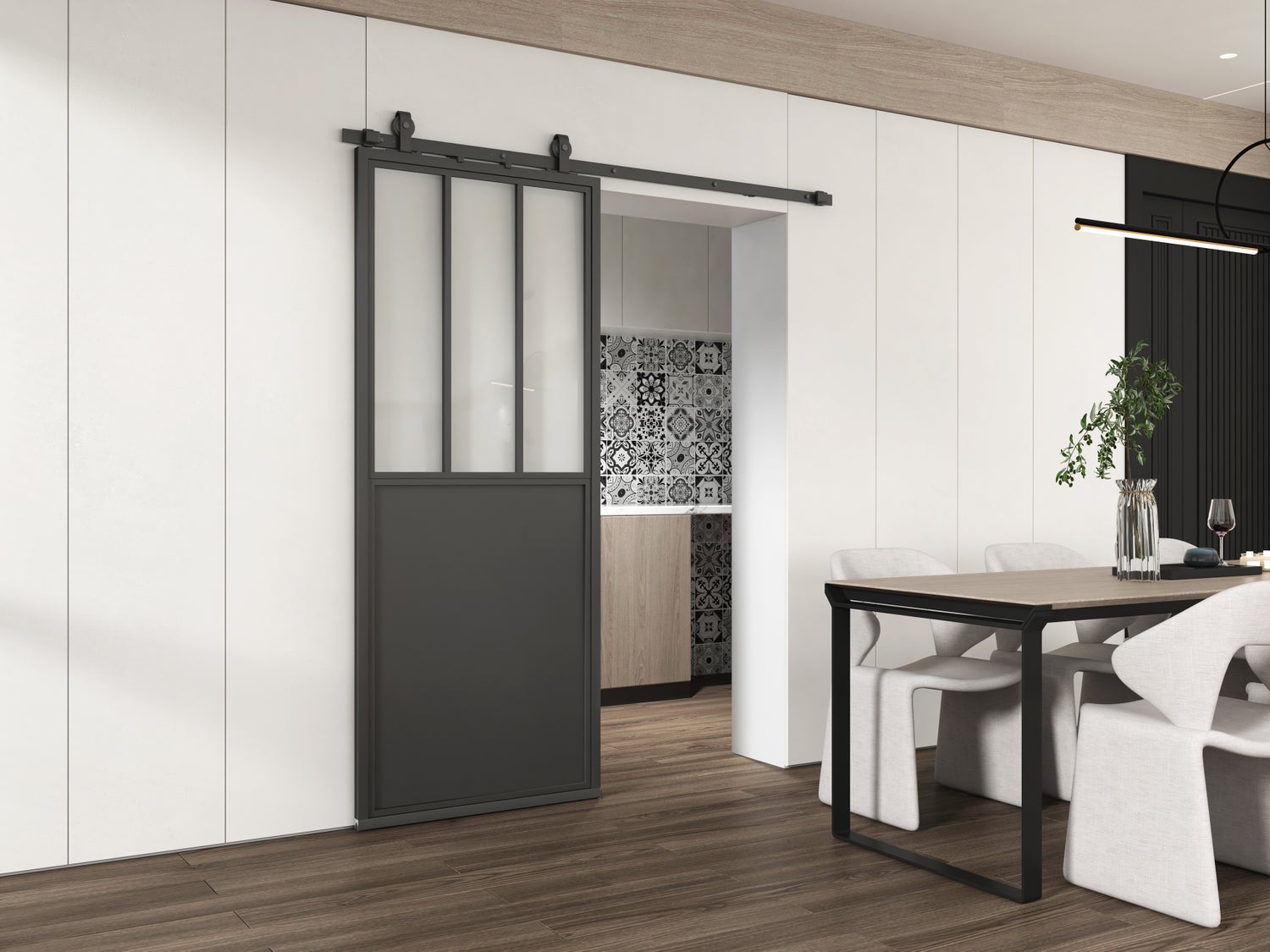Loftschuifdeur 900x2150mm van staal in zwart met glasinzet