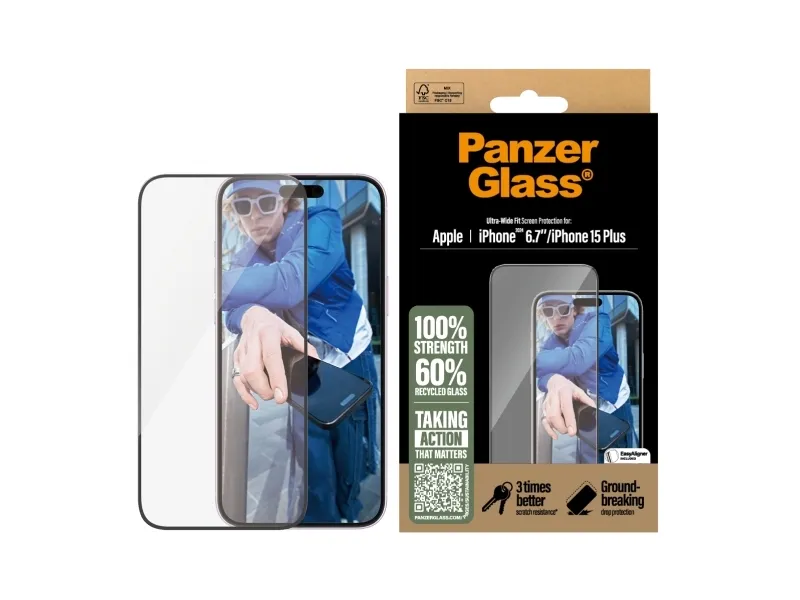 PanzerGlass - Skærmbeskytter for mobiltelefon - ultrabred pasform - glas - rammefarve sort - for Apple iPhone 15 Plus, 16 Plus