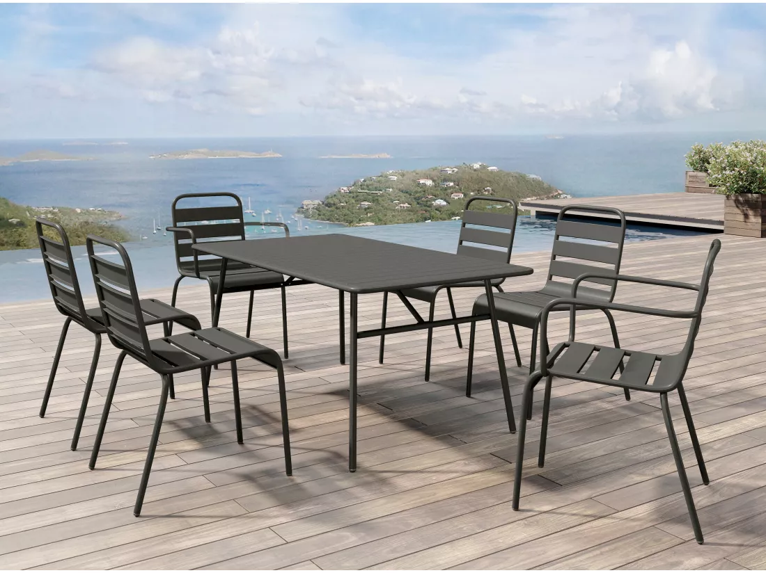 Salle à manger de jardin en métal - une table L.160 cm avec 2 fauteuils empilables et 4 chaises empilables - Gris anthracite - MIRMANDE de MYLIA
