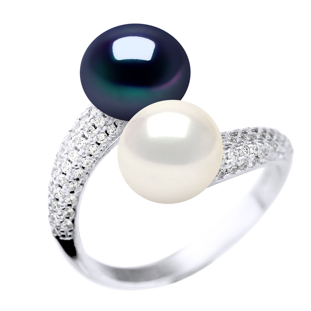Bague TOI ET MOI 2 Perles d'Eau Douce 9-10 mm Blanche et Noire Joaillerie Argent 925