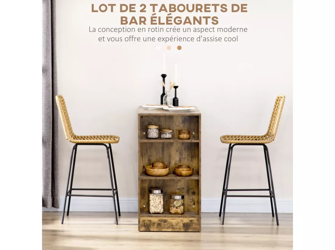 Lot de 2 tabourets de bar style colonial piètement acier noir résine tressée aspect rotin