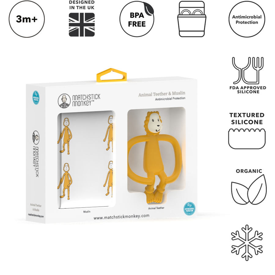 MATCHSTICK MONKEY™ Geschenkset Tier-Beißring Ludo Löwe & Musselin-Tuch