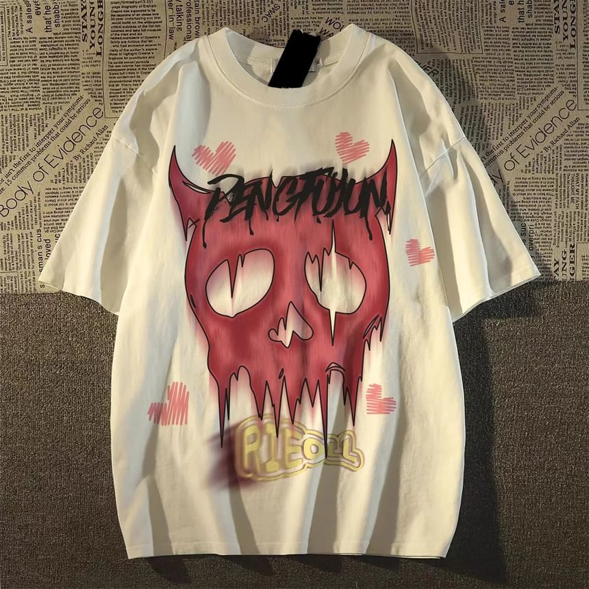 Bay Go Mall - T-shirt met ronde hals en duivelsprint, met elleboogmouwen