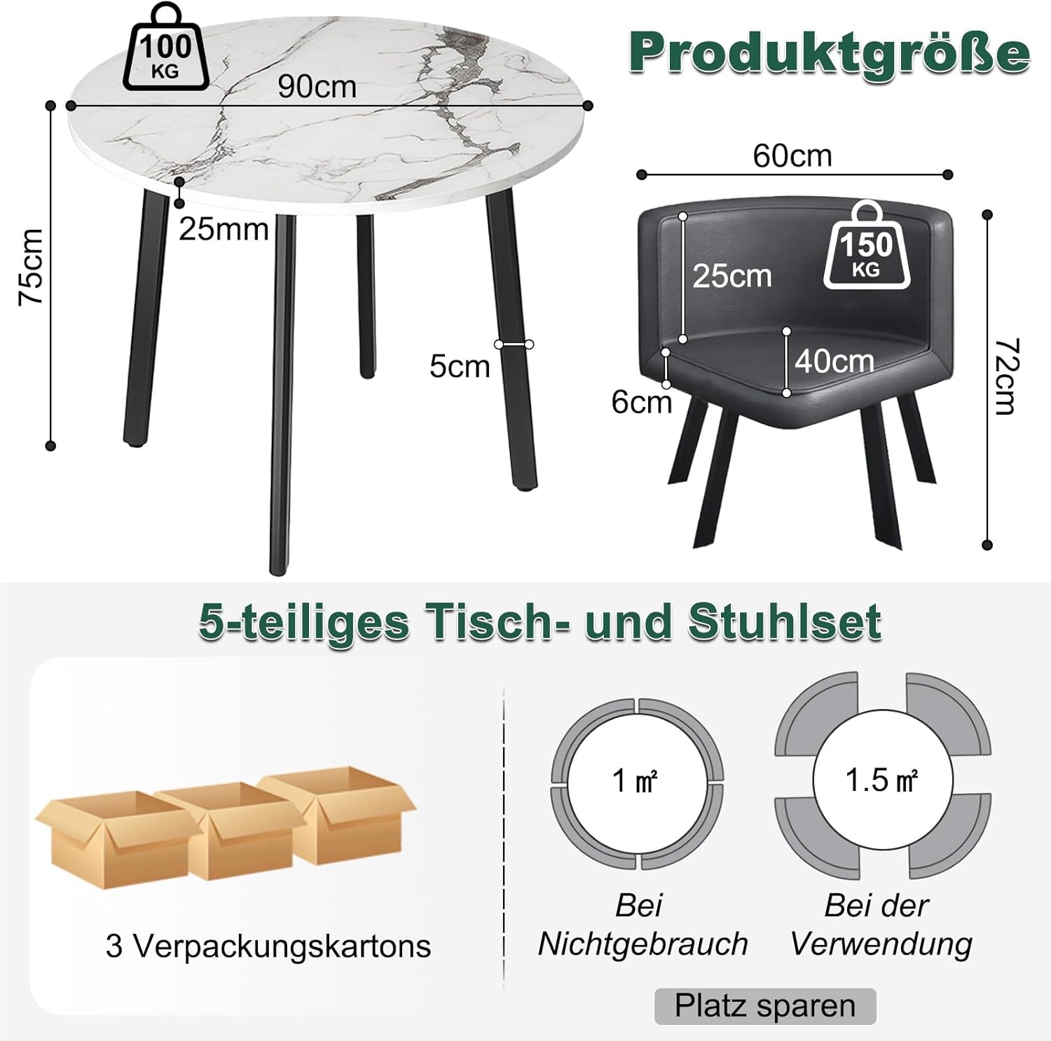 Essgruppe Set Esstisch und 4 Esszimmerstühle, Runder 90cm Essgruppe 5-Teilig aus Tischplatte in Marmoroptik und 4 PU-Leder Küche Stuhl für Küche Wohnzimmer Balkon Büro, Marmorimitat + grau