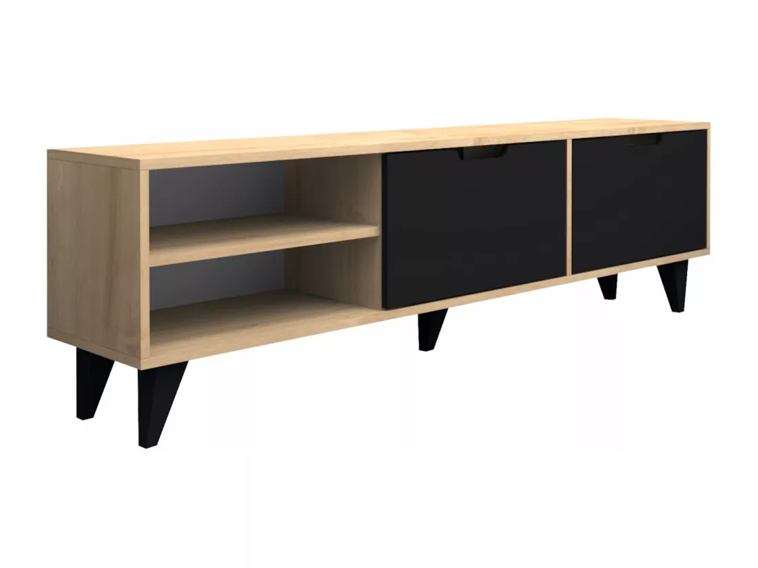 Meuble TV avec 2 portes et 2 niches - Noir et Naturel - CORENIA