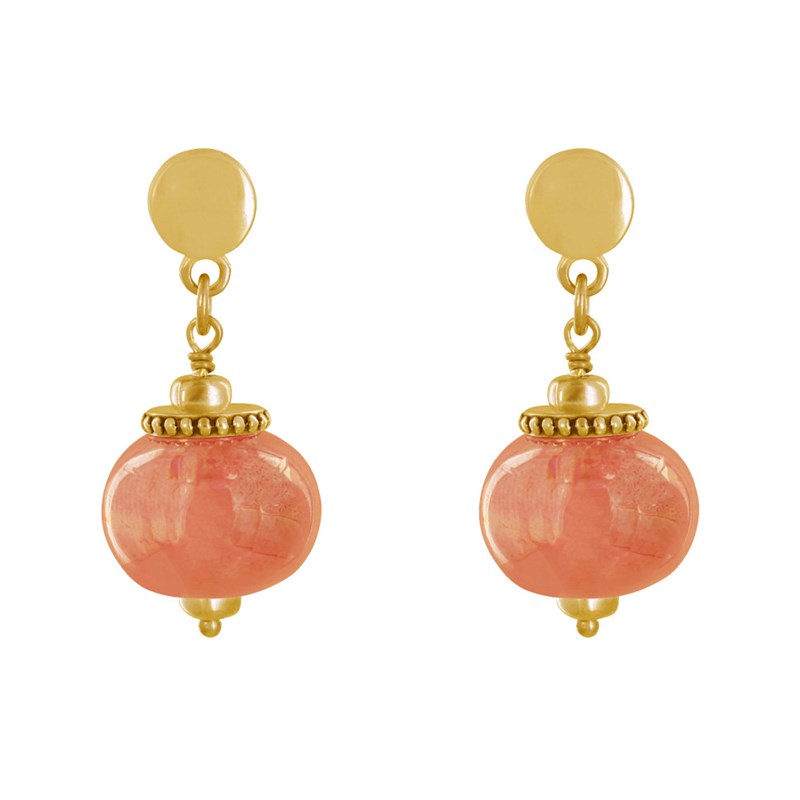 Boucles d'Oreilles Clous Métal Doré et Grosses Perles en Céramique