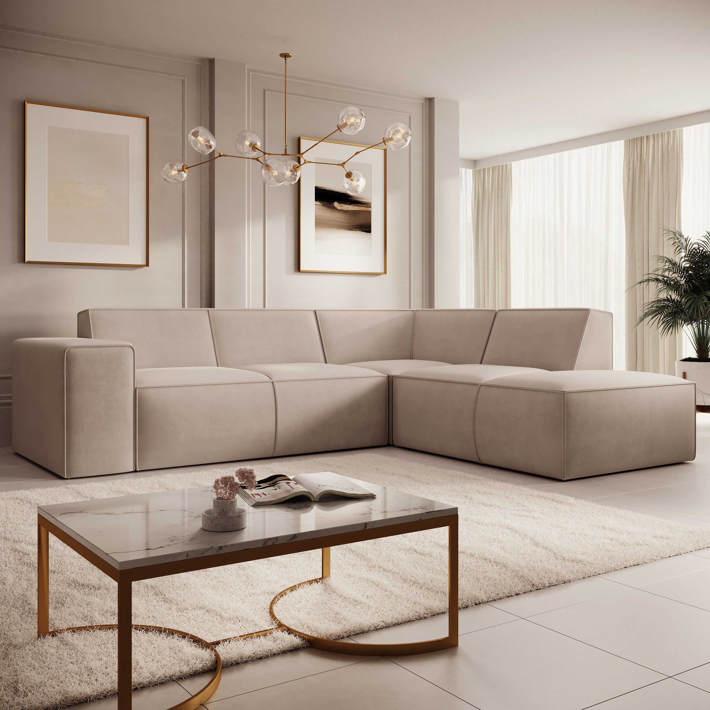 Monet - Hoekbank 4-zits met chaise longue - Stof beige - Rechts - 261x216x80 cm