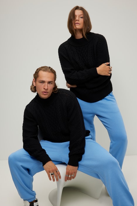 Rollkragen-Pullover, oversized, Zopfmuster, Langarm, Unisex