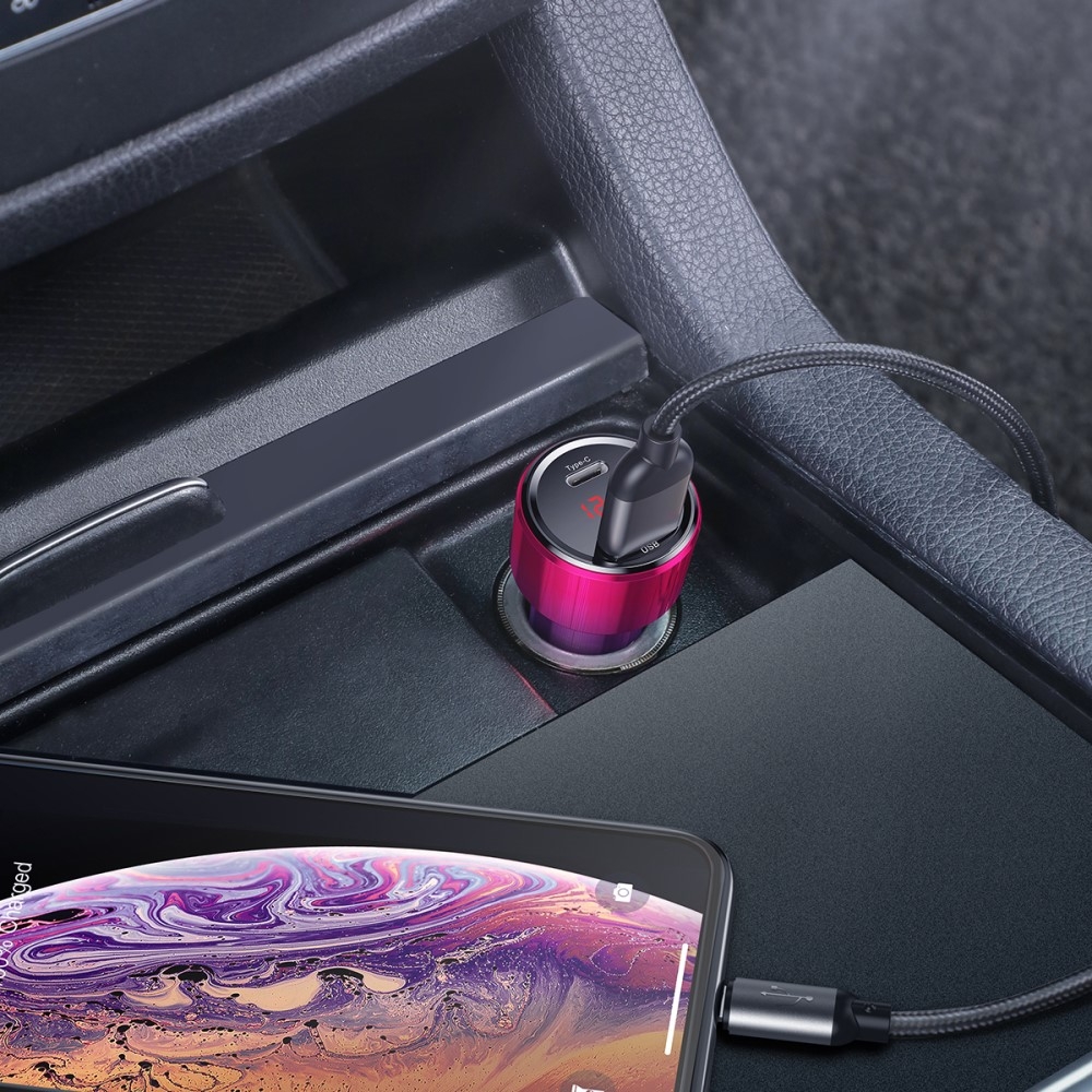 Aluminium 45W (6A) Universal USB / USB C Auto KFZ Ladegerät mit Digital Display   Power Delivery 3.0   Quick Charge 4.0 - Pink / Blau