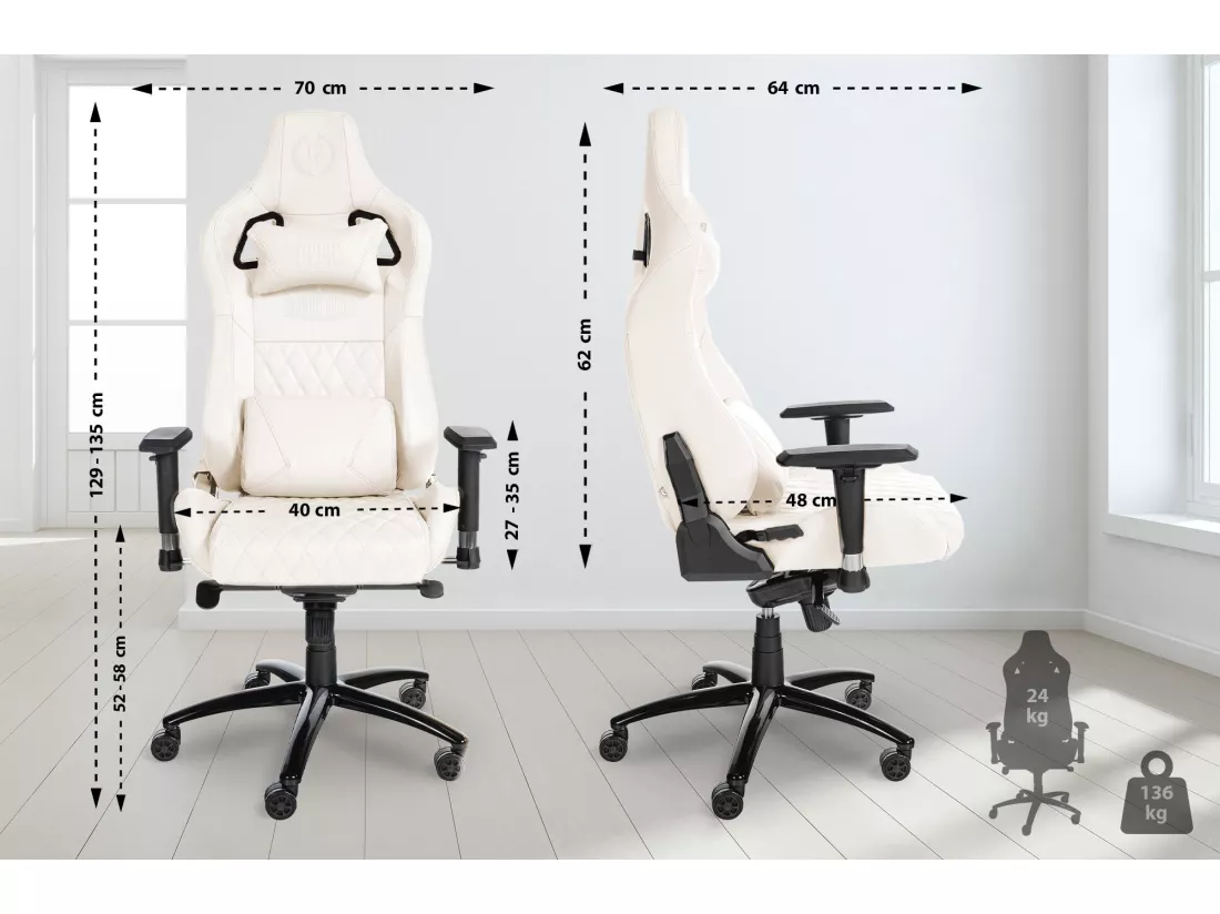 Chaise de bureau - Véritable cuir & Métal - Blanc - Keren