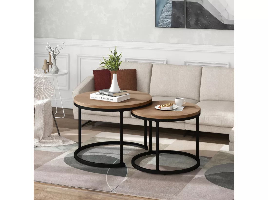 Lot de 2 tables basses gigognes, table d'appoint - bois MDF et pièds en métal - coloris chêne