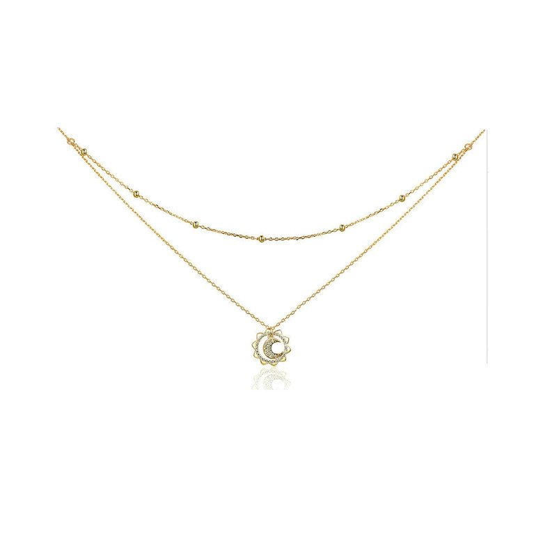 Collier Pendentif Soleil et Lune orné de Cristal de Swarovski blanc et Plaqué or jaune