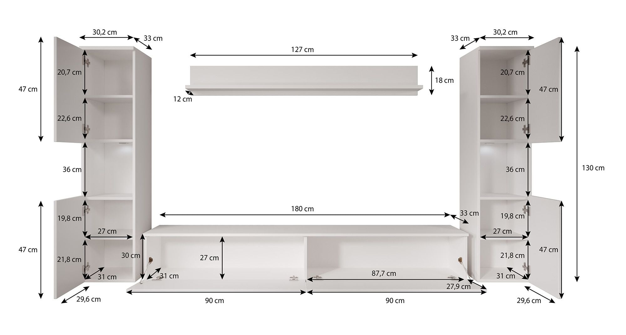 Pure XL - Wandmeubel - Eiken/Grijs - 180x33x130 cm