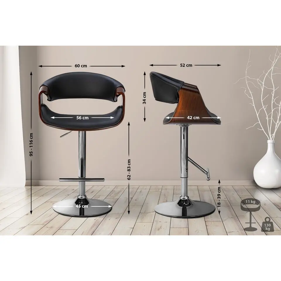 CLP Barkruk Foley chroom Frame - Kunstleer - walnoot/zwart