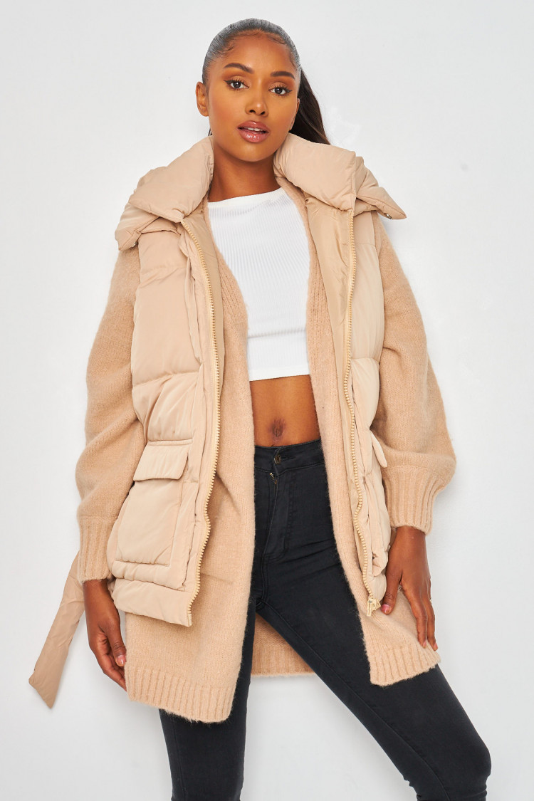 Doudoune sans manches beige ceinturée