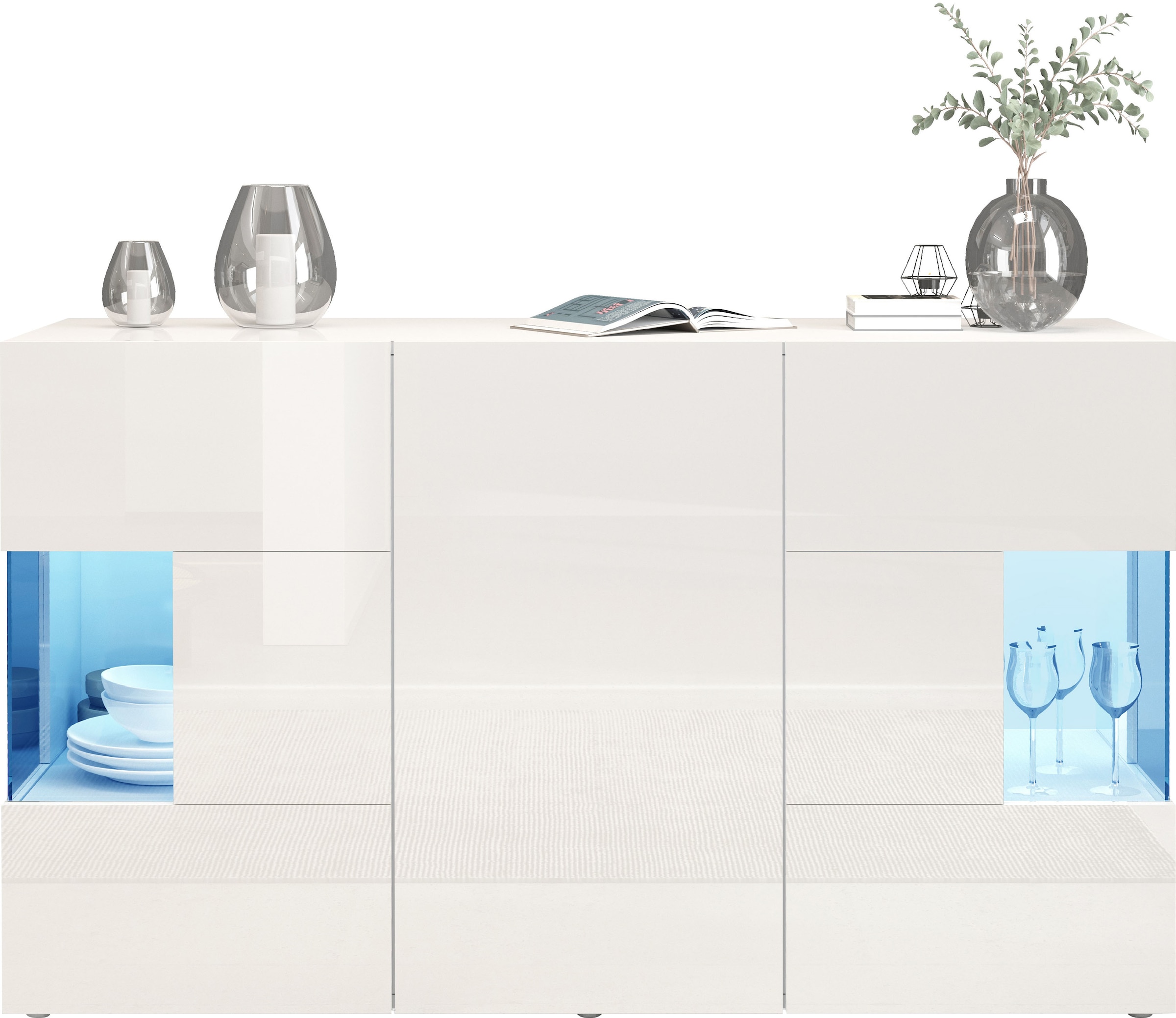 INOSIGN Sideboard »Egypt, Kommode, Schrank, Kredenz, Vitrine grifflos« 3 Türen davon 2 mit Glaseinsatz, kompl. Hochglanz lackiert Breite 135