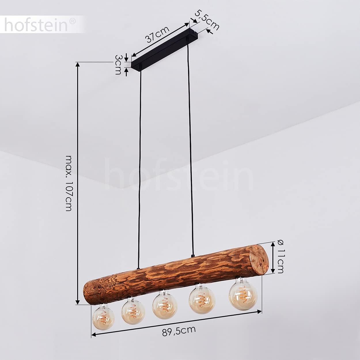 HOFSTEIN Hängeleuchte Canedo, 5-flammige Hängelampe aus Metall/Holz in Schwarz/Natur im skandinavischen Design, Pendelleuchte m. Holzstab u. Fassungen aus Metall, 5 x E27, ohne Leuchtmittel