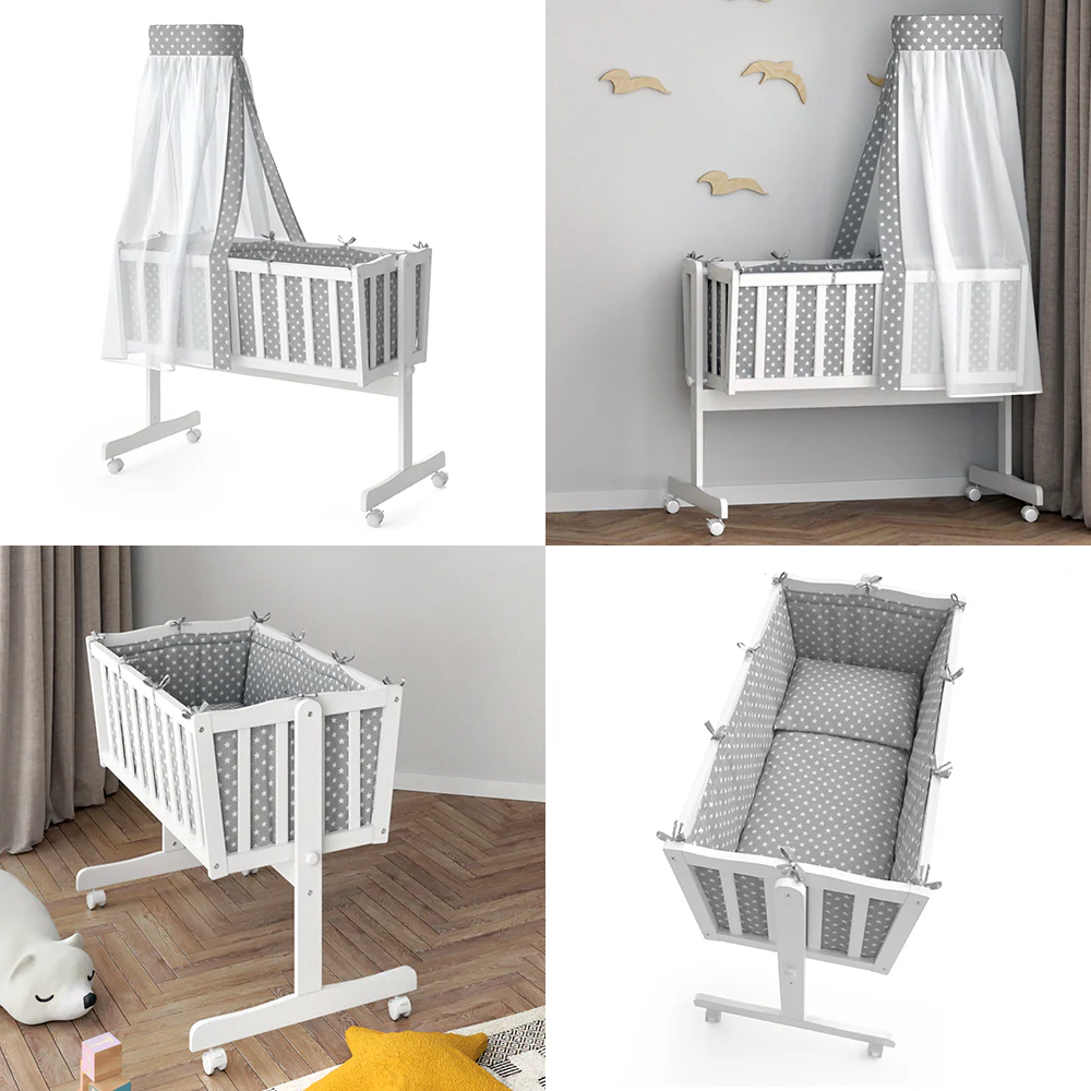 VITALISPA Wiege NOAH Schaukelwiege Babywiege Holz Weiß Grau Bett Set Buche