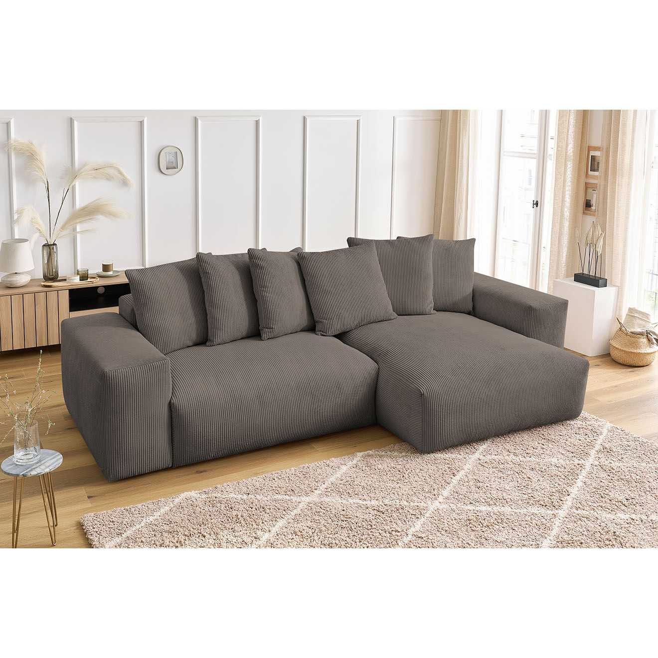 Bobochic Canapé d'angle réversible ultra moelleux voltaire velours côtelé taupe - 310x174x75 cm