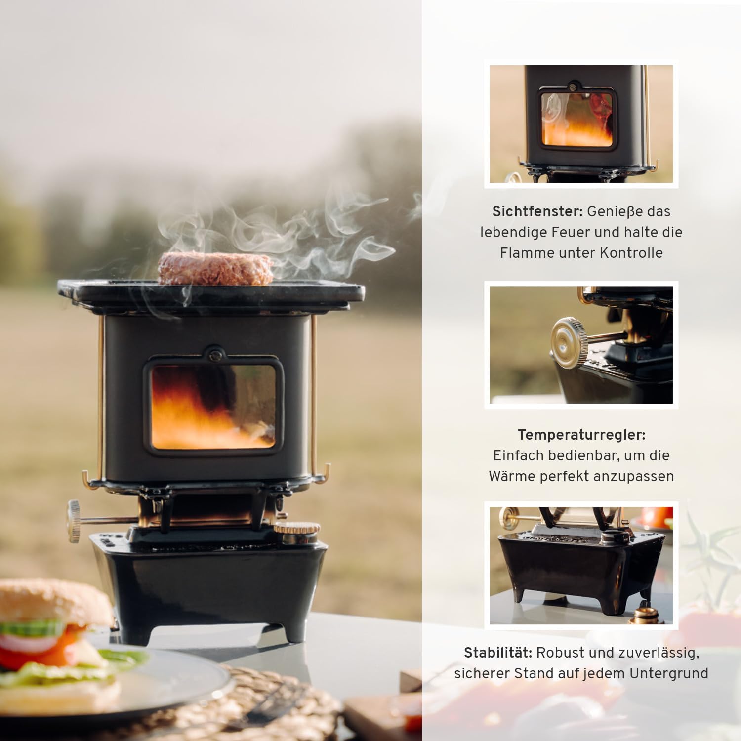 CAMPWERK Petroleum Outdoor Feuer Camping Kocher mit Steak Grillplatte – Iron Camping Cooker Stove mit Tasche & Spezial-Docht
