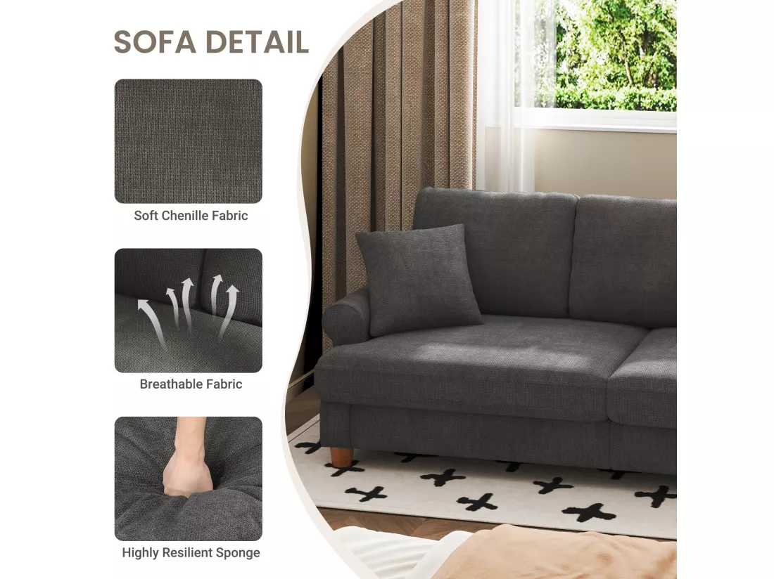 Canapé confort 3 places, Tissu en Chenille, avec accoudoirs,coussins et 2 oreillers, Charge max 365 kg - 220x76x86 cm