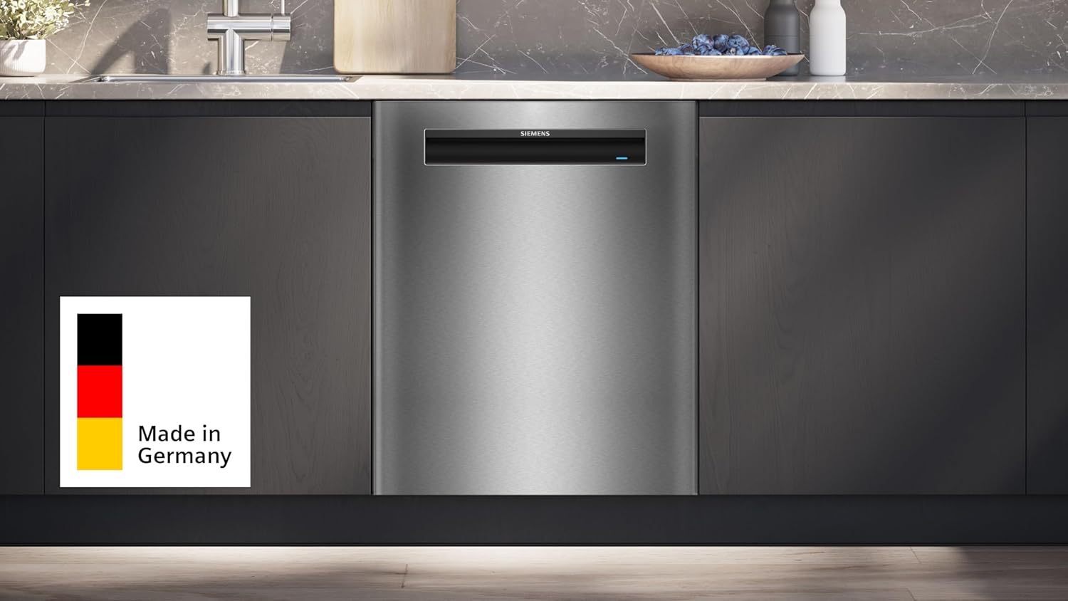 Siemens SN15ES06CS iQ500 Unterbau Geschirrspüler 60 cm, Made in Germany, Besteckschublade, sehr leise, smartStart, varioSpeed Plus, automatische Türöffnung, comfortControl, aquaStop, Gebürsteter Stahl