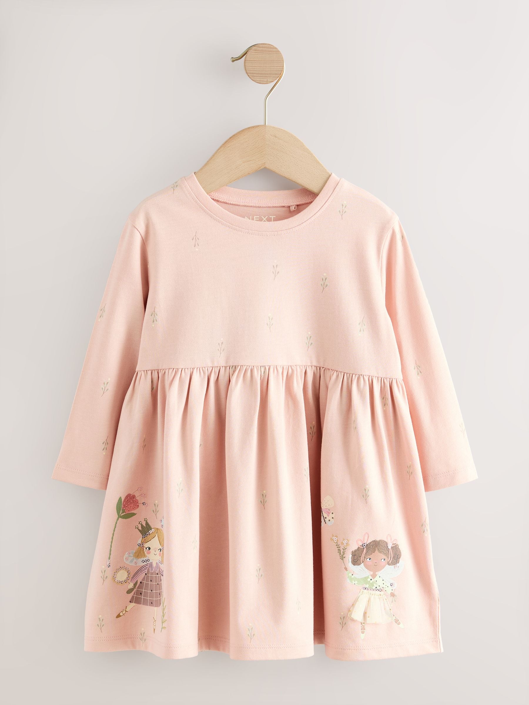Roze met elfjes - Jurk met lange mouwen en versiering (3mnd -7jr)