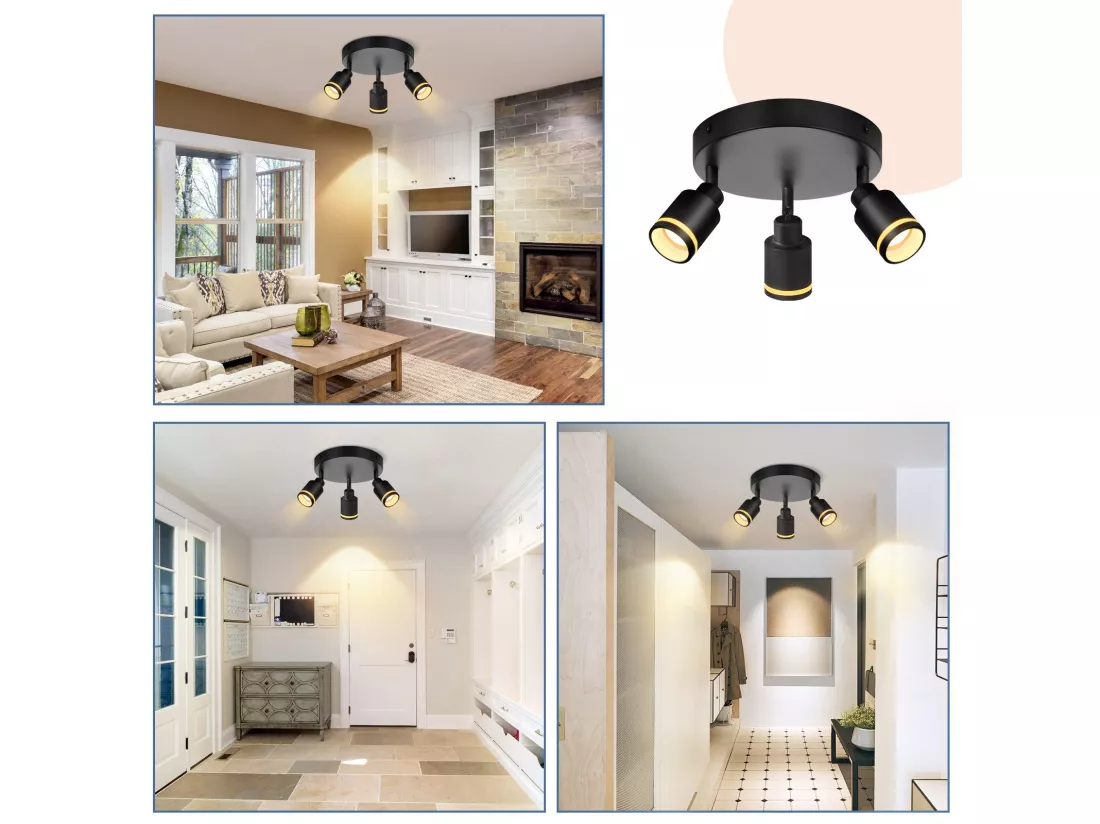 NETTLIFE Plafonnier noir moderne : 3 spots de plafond orientables en métal, plafonnier GU10, pour chambre, salle à manger, sans ampoule