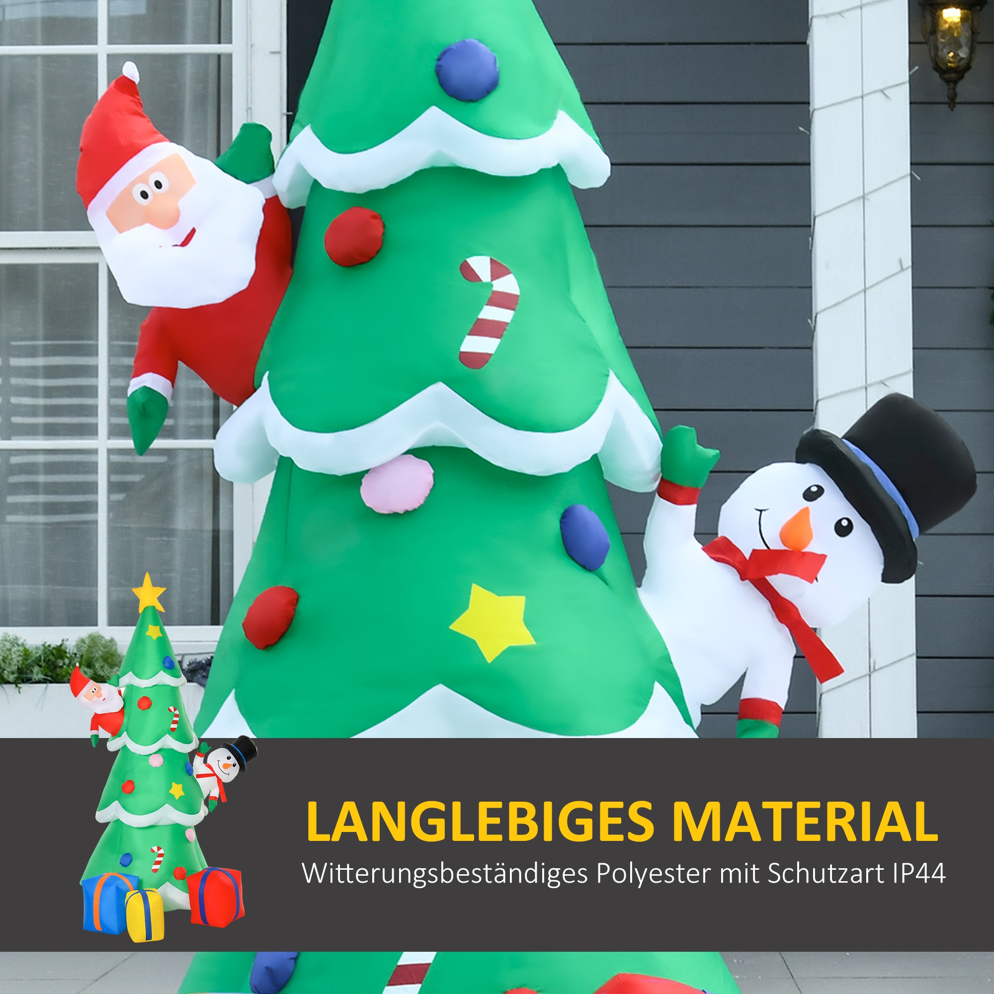 HOMCOM Aufblasbarer Tannanbaum mit Schneemann, Weihnachtsmann und Geschenken Grün 144 x 125 x 210 cm (BxTxH)