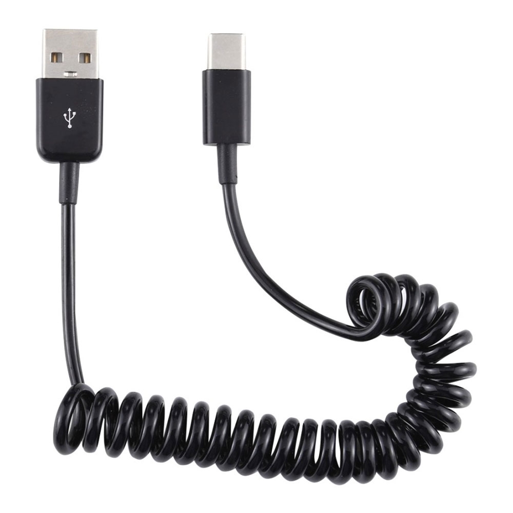 (Bis 80cm) Universal USB C auf USB A (Männlich) Ladekabel Spriralkabel dehnbar - Schwarz
