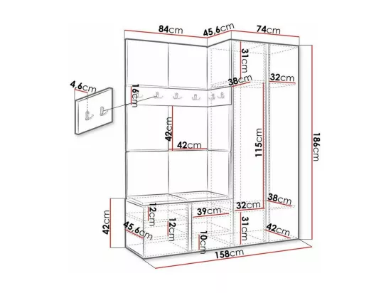 Meuble d'entrée Hartford 266, 186x158x46cm, Graphite, Tapisserie|Stratifié