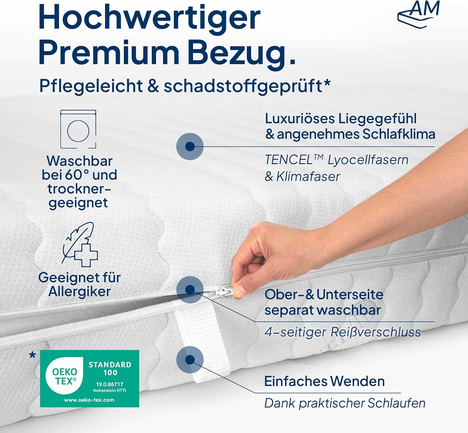 AM Qualitätsmatratzen Premium Gel-Taschenfederkernmatratze 90x200cm H3 24cm - Made in Germany & Oeko TEX Siegel - 7 Zonen Gel-Federkernmatratze 90x200 mit 1000 Federn & Lyocell Bezug