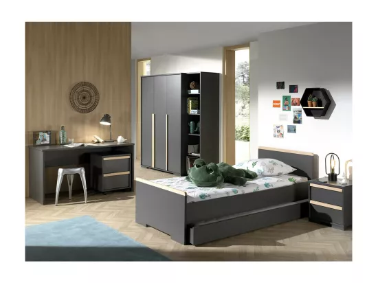 NASH DARK - Chambre 90x200cm + Armoire 3P + Pack Bureau