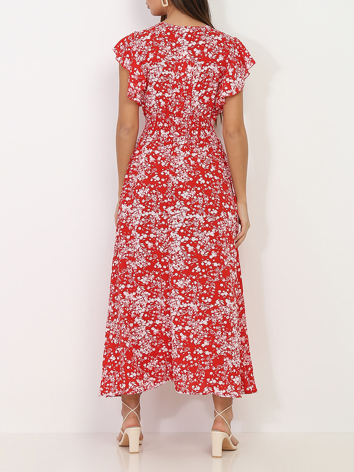 Robe volantée à boutons et motif fleurs- Rouge