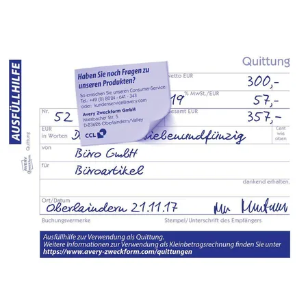 Avery Zweckform 333 Quittung MwSt. separat ausgewiesen, A6 quer, mit Blaupapier, 3x50 Blatt