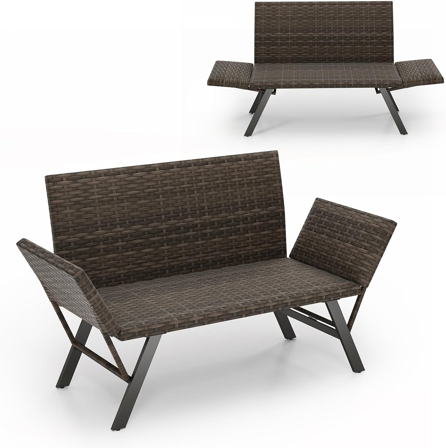 COSTWAY Polyrattan Gartenbank mit Liegefunktion, Gartensofa mit schnelltrocknender Schaumstoffpolsterung & verstellbaren Armlehnen, Balkonbank, Sitzbank für Garten, Terrasse, Balkon, 178 x 59 x 89 cm