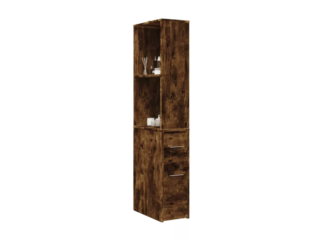 Armoire de salle de bain étroite avec roulettes chêne fumé
