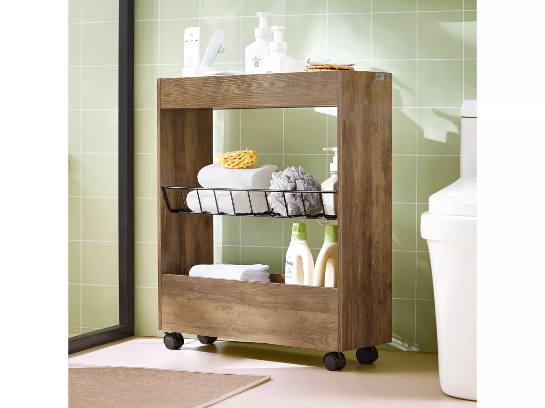 Chariot de Rangement Mobile sur 3 Niveaux Étagère de Niche à Roulettes en Bois et métal, BZR46-N