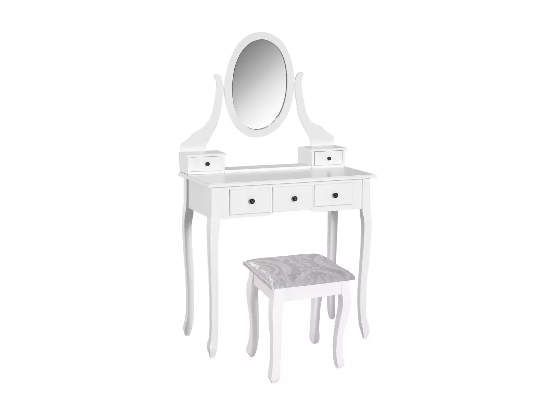 Coiffeuse et tabouret style baroque 5 tiroirs miroir ovale pivotant 360° MDF bois blanc