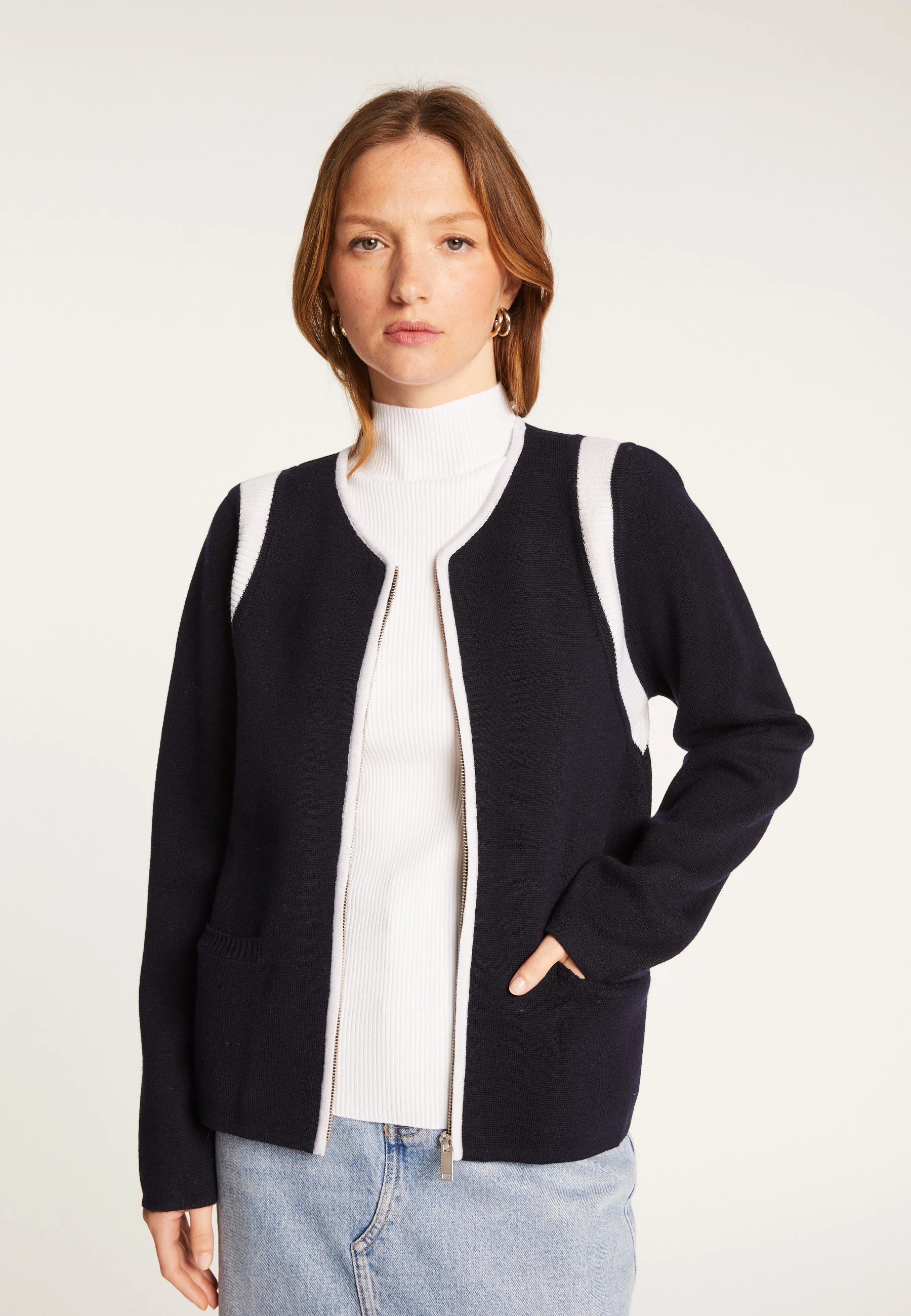 REINEAH24 - Veste zippée en laine mérinos | Bleu