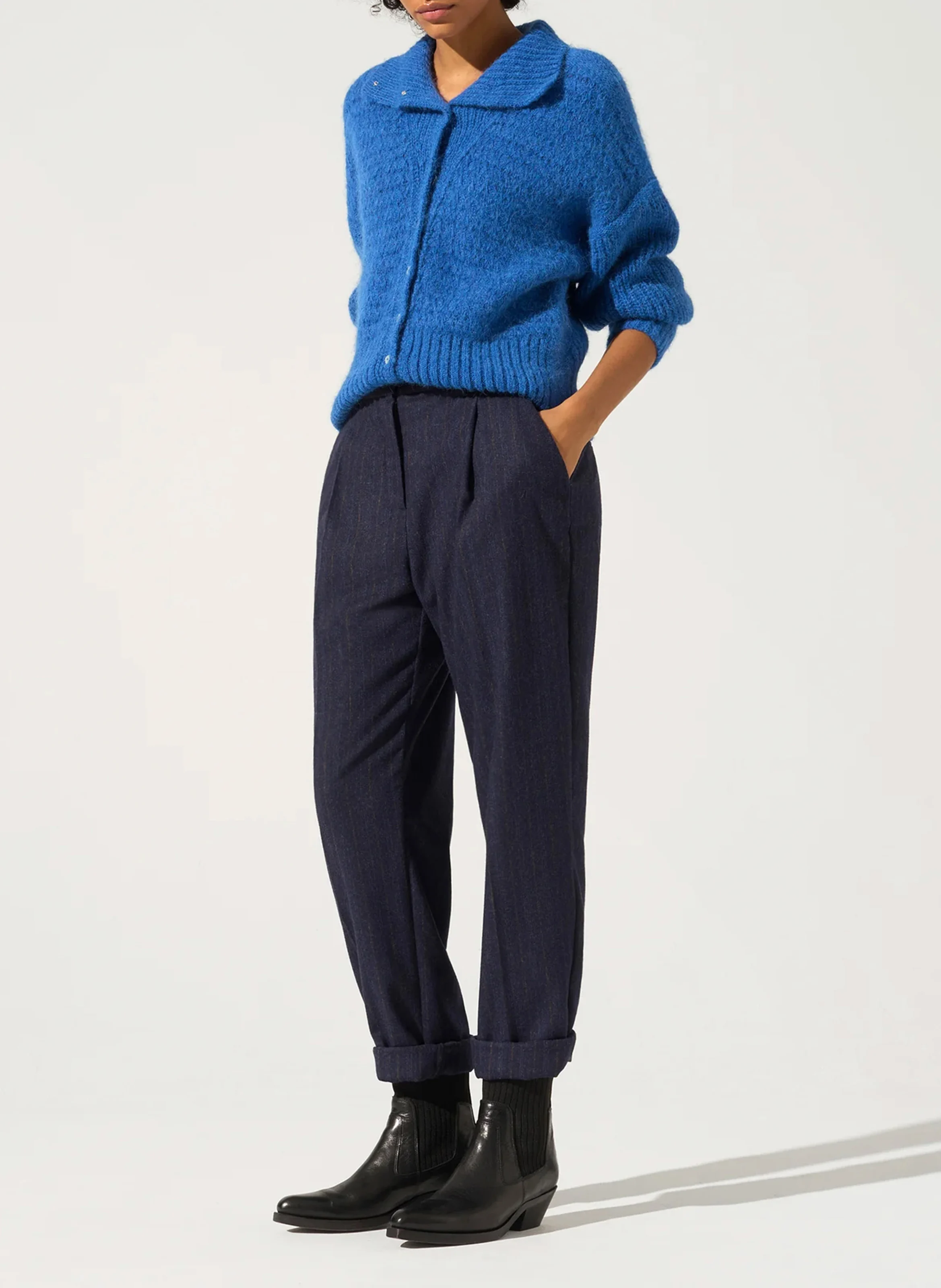 Pantalon droit rayé| Bleu