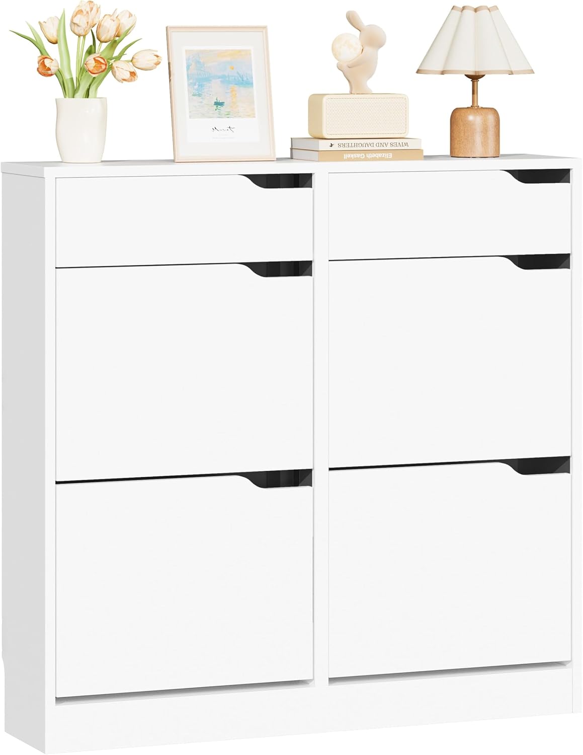 IRONCK Schuhschrank mit 4 Klappen, Schuhkipper Schmal mit 2 Schubladen, freistehendes Schuhregal, Schuhkommode mit verstellbaren Trennwände, Schuhablage Schrank für Flur Eingang und Wohnzimmer (Weiß)
