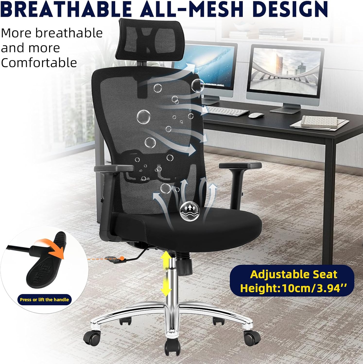 Bürostuhl Ergonomisch,Schreibtischstuhl mit verstellbarer Kopfstütze, Armlehnen und Lendenwirbelstütze, Drehstuhl aus Mesh,höhenverstellbarer Chefsessel,Computerstuhl Wippfunktion,Belastbarkeit 150kg