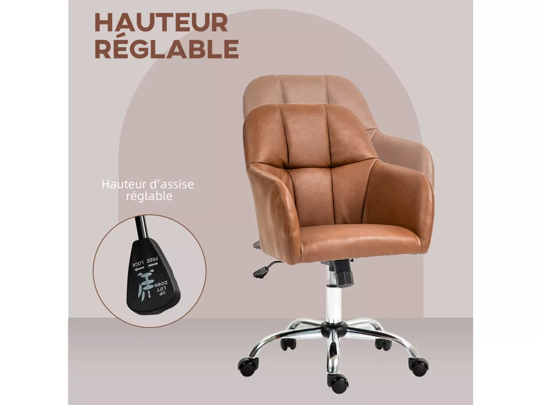 Chaise de bureau manager ergonomique style Chesterfield métal chromé synthétique camel