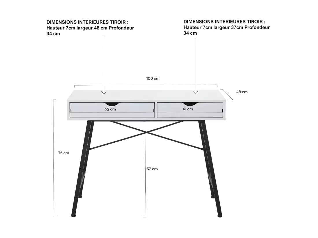 Bureau BOSTON 100 x 48 cm/ Blanc et métal noir