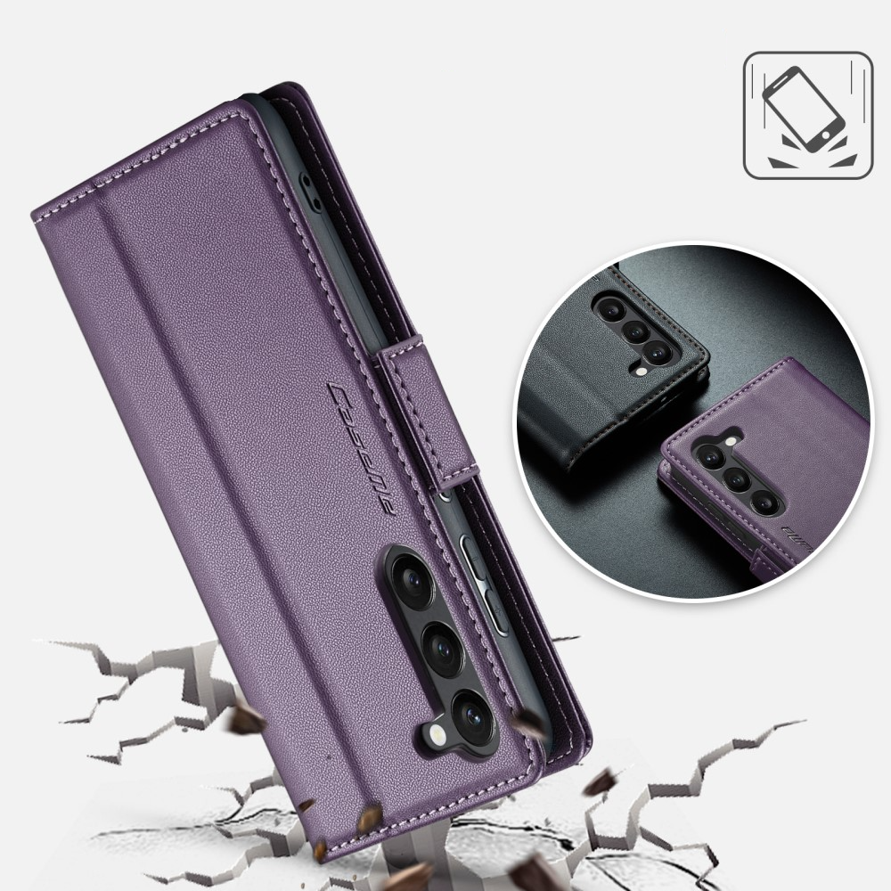 Samsung Galaxy S25 Leder Tasche Flip Wallet Etui mit Kartenfächern Litchi Look (RFID Schutz) - Violett